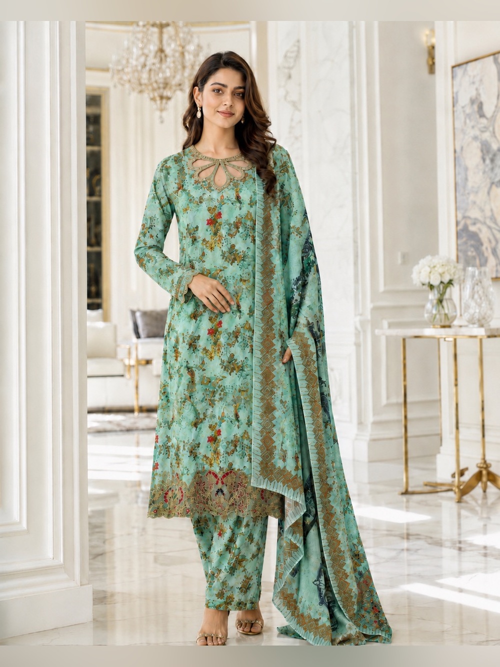 3 Piece Cotton Salwar Suit Set Mint Green Floral Embroidered Lace  Pants